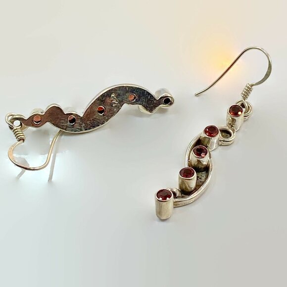 Garnet Earrings, Sterling Silver, Vintage, Red Stone, 2" Long, Modern - Picture 3 of 4